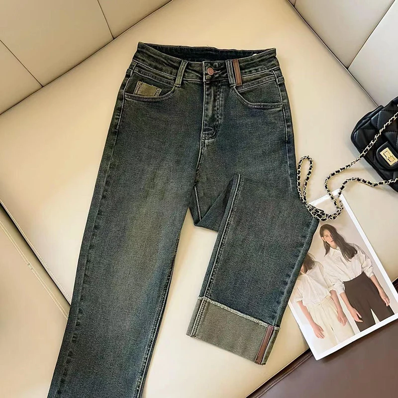 

High Waist Straight Jeans For Women Spring Autumn Solid Color All-match Casual Ankle Length Pants Fashion Simple Female Trousers