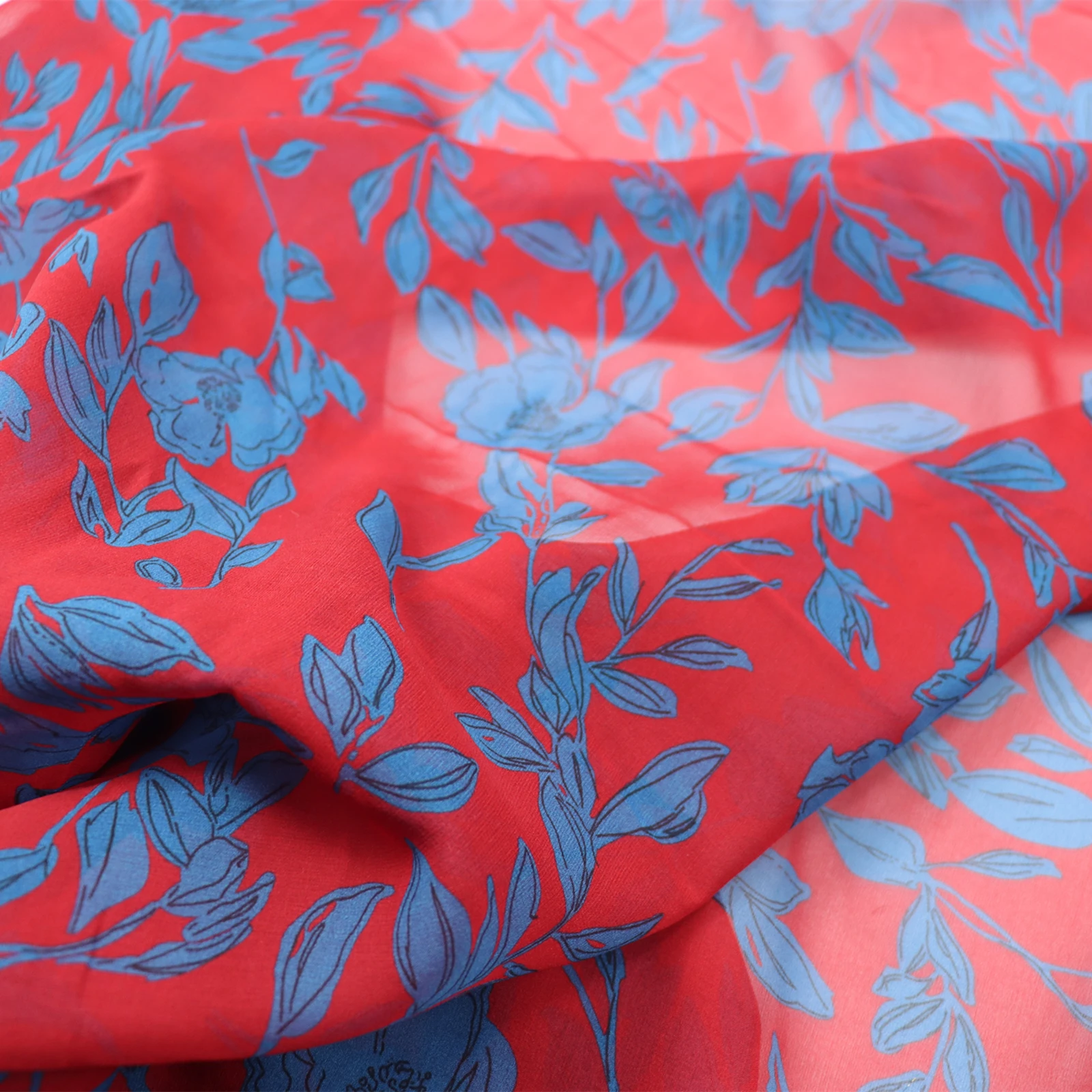 Wide Red Background Blue Flower Silk Georgette Dress Shirt Cheongsam Clothing Fabric