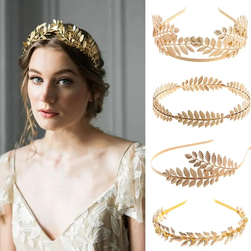 Metal Leaf Hair Hoop Gold Color Leaf Bride Wedding Hair Accessories Retro Butterfly Diadem Crown Tiara Women Elegant Hairbands