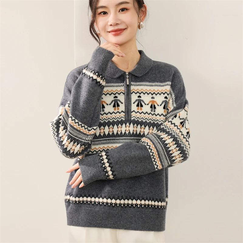 

2025 женский свитер из 100% шерсти, осень-зима, утепленный кукольный воротник с половиной молнии, трикотаж, модный универсальный повседневный шерстяной пуловер