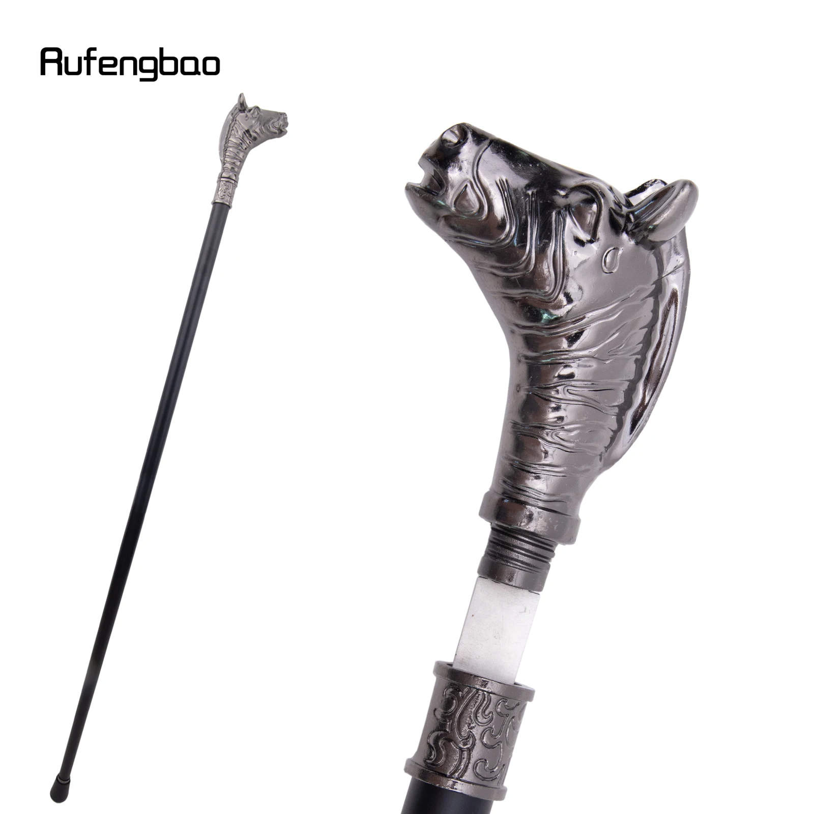 Silver Zebra Horse Head Animal Single Joint Walking Stick with Hidden Plate Self Defense Fashion Cane Cosplay Crosier Stick 93cm