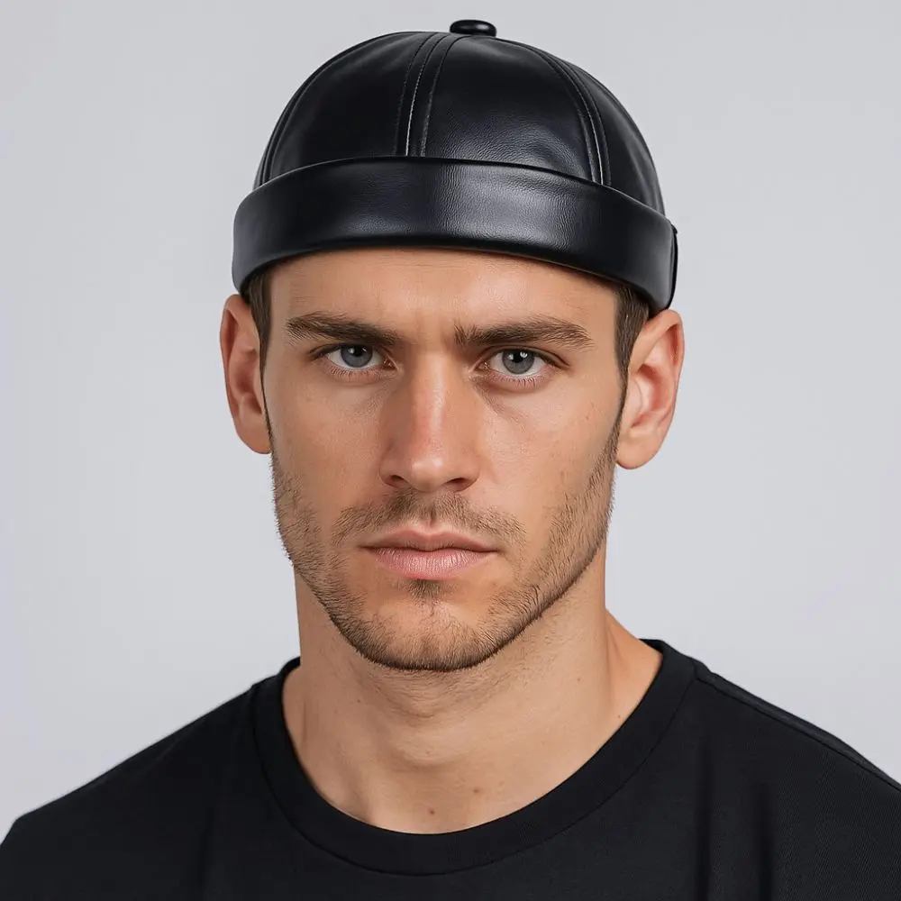 Casual Retro Brimless Hat PU Leather Adjustable Melon Skin Caps Solid Color Docker Cap Unisex