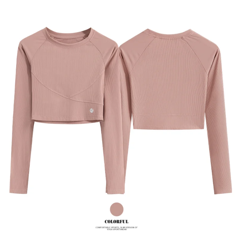 Drur manga longa com nervuras yoga colheita regatas com pescoço redondo fino ajuste ginásio pilates camisa esportiva para mulher casual básico apertado topo