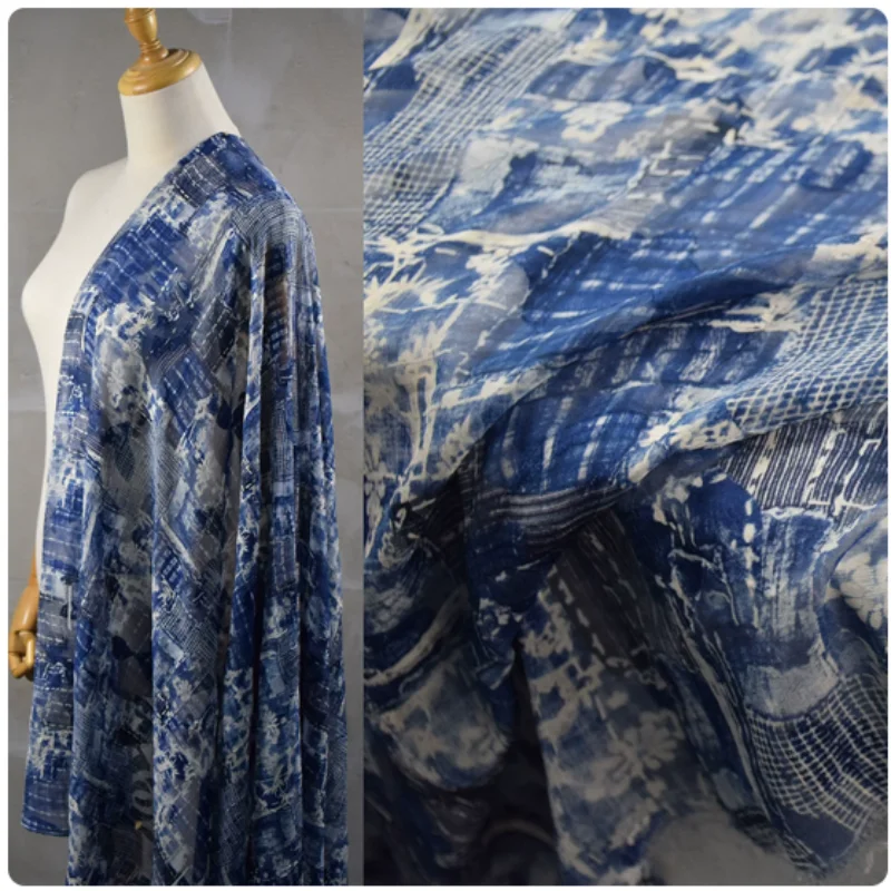 National Wind Blue Smudge Print Chiffon Fabric, Shirt Dress Cheongsam Handmade Sewing Tissue, Thin Transparent T127