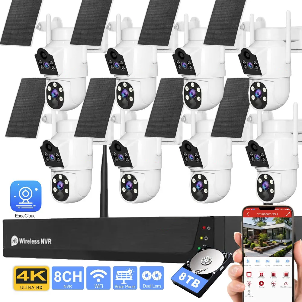 4K 4CH/8CH High-definition Wireless Dual Lens Solar NVR Screen Color Night Vision Wifi Camera Kit IP66 Max Support 8TB