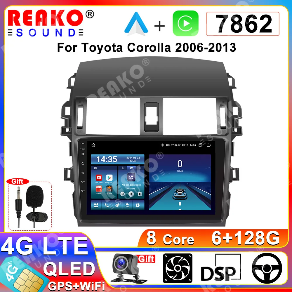 

REAKOSOUND Wireless Carplay Android Auto For Toyota Corolla 2006 2007-2013 Multimedia Autoradio Android 13 DSP 4G Video Player