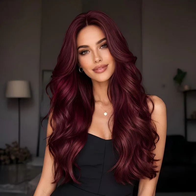 Burgundy soft wavy long women's wig with a middle parting and voluminous water wave texture
