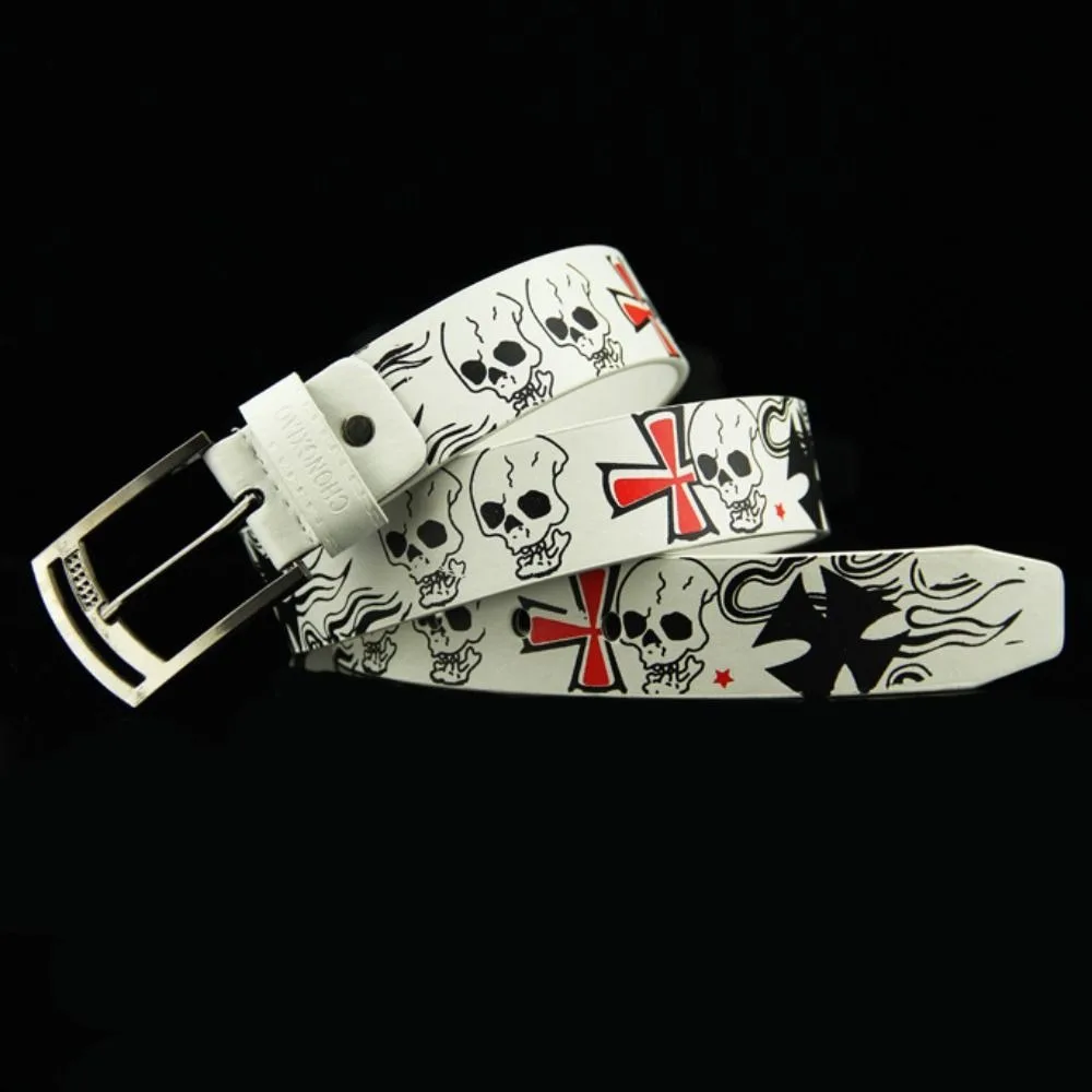 For Men Y2K For Women Cross Skull Skeleton Pattern Female Waistband PU leather Belt Casual Belt Accessories Korean Waist Strap