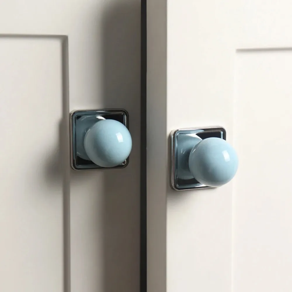 2PCS Light Blue Round Ceramic Ball Cabinet Knobs Square Chrome Base Single Hole Drawer Pull Handles Wardrobe Cupboard Door Knobs