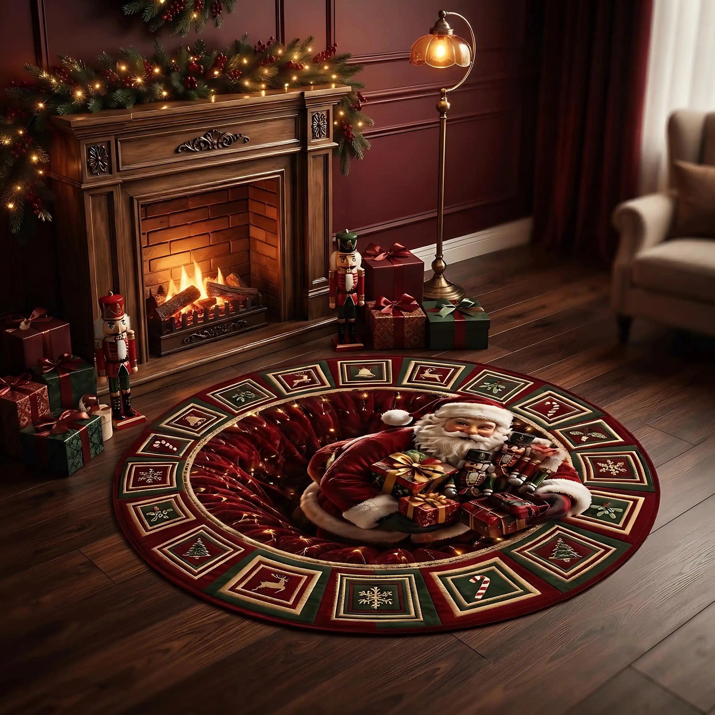 Optical Illusion 3D Christmas Hole Carpet Santa Lifting Lantern Gift Pattern Large Round Rug Non Slip Parlor 2d flat floor mat