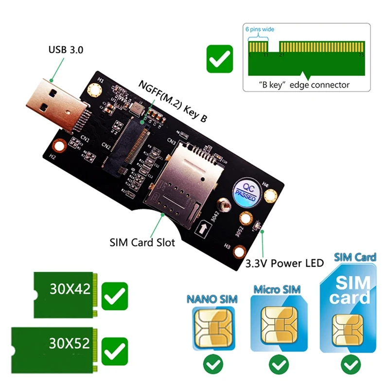 NGFF M.2 مفتاح B إلى مهايئ USB ، بطاقة توسيع مع شريحة SIM ، فتحة بطاقة 8Pin لـ WWAN ، LTE ، 3G ، 4G ، 5G وحدة دعم