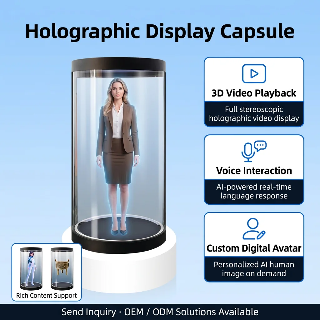 Smart Life-Size 3D Square Holotube Ai Interactive Transparent Showcase Cabin 4k Digital Ad Totem Player Kiosk for Company Event