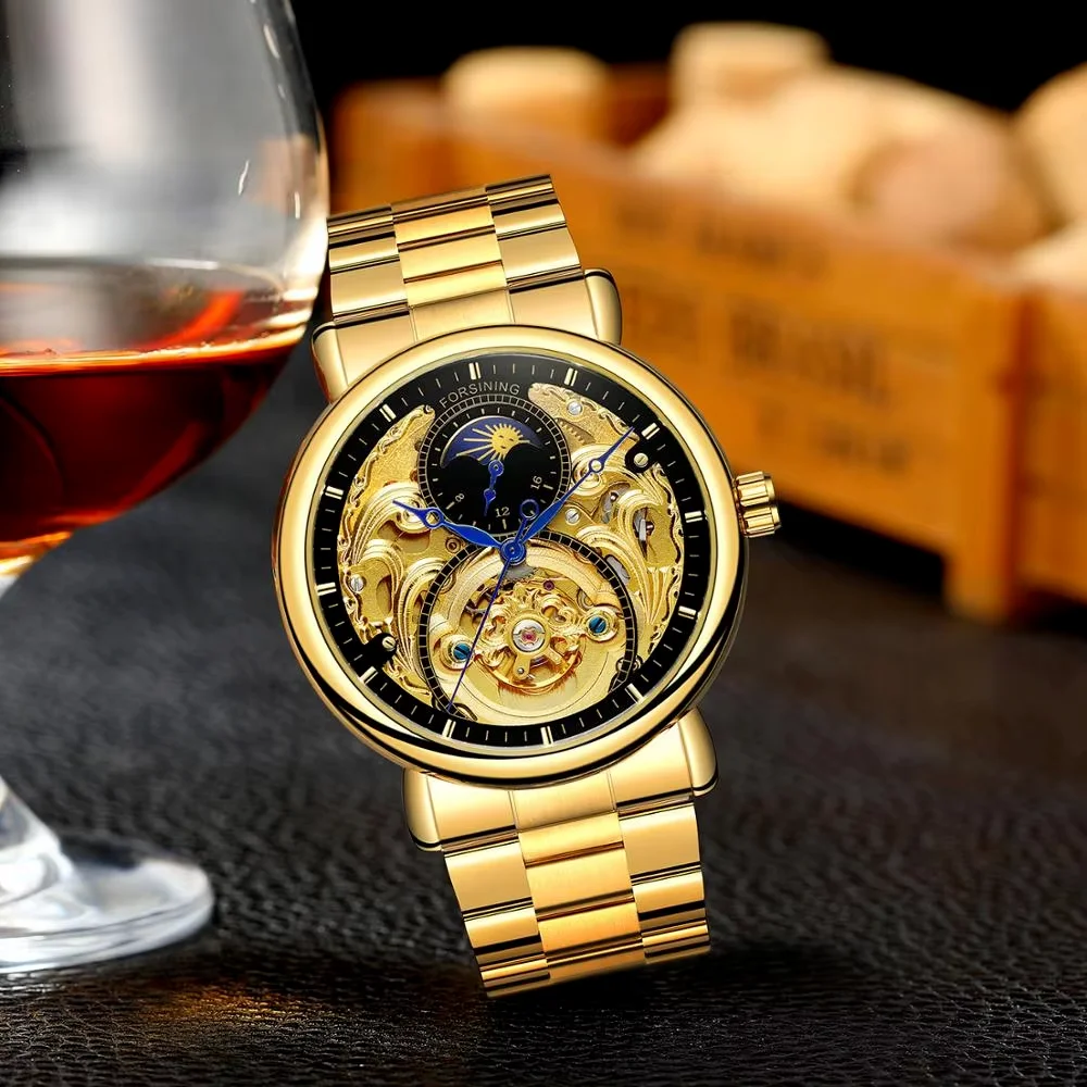 

Forsining Fashion Luxury Men's Creative Blue Eye Dial Hollow Mechanical Men's Watch Steel Band Strap Watch