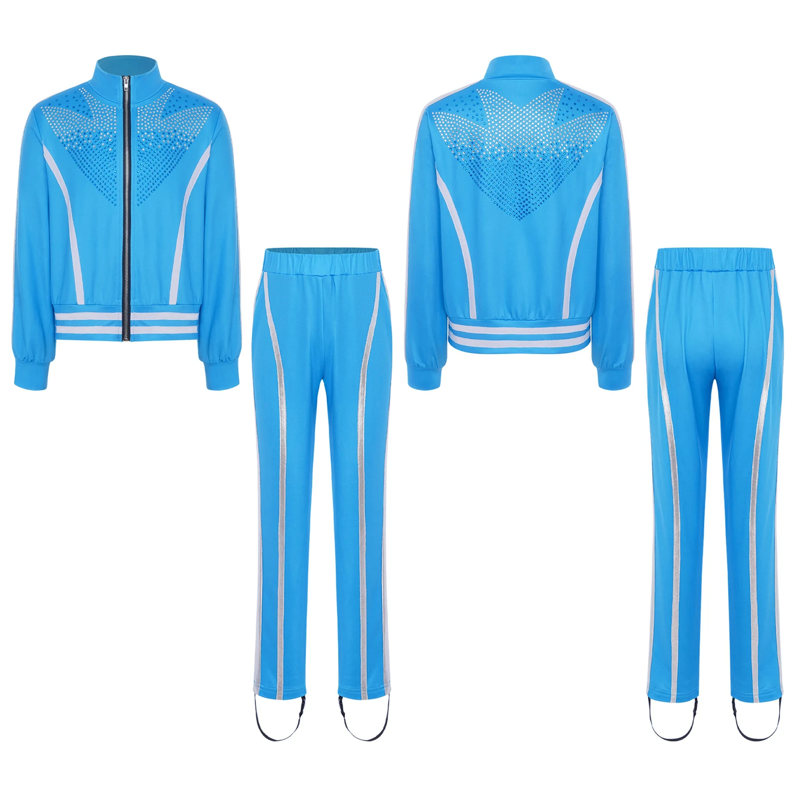 2 pçs crianças meninos patinação artística prática desempenho traje manga longa brilhante strass zíper jaqueta + calças conjunto para patinação no gelo