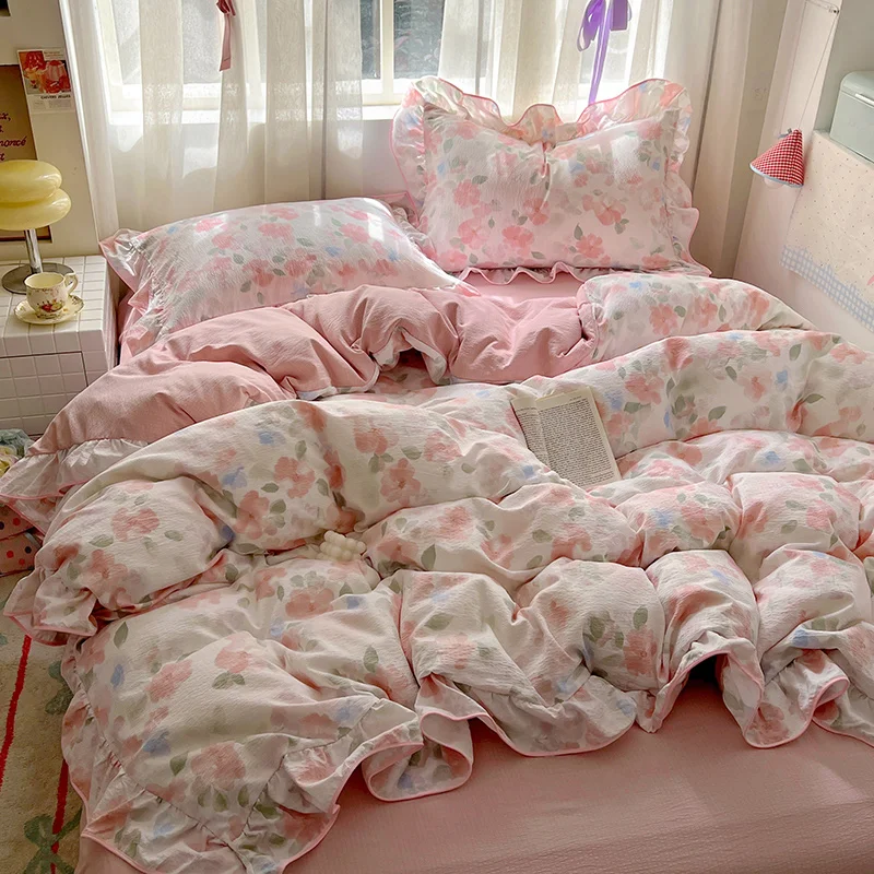 Ruffles Bedding Set Floral Style Duvet Cover Pillowcase with Bedsheet Skin-friendly Bed Linen Set Girls Room Bedclothes 이불세트 image 3