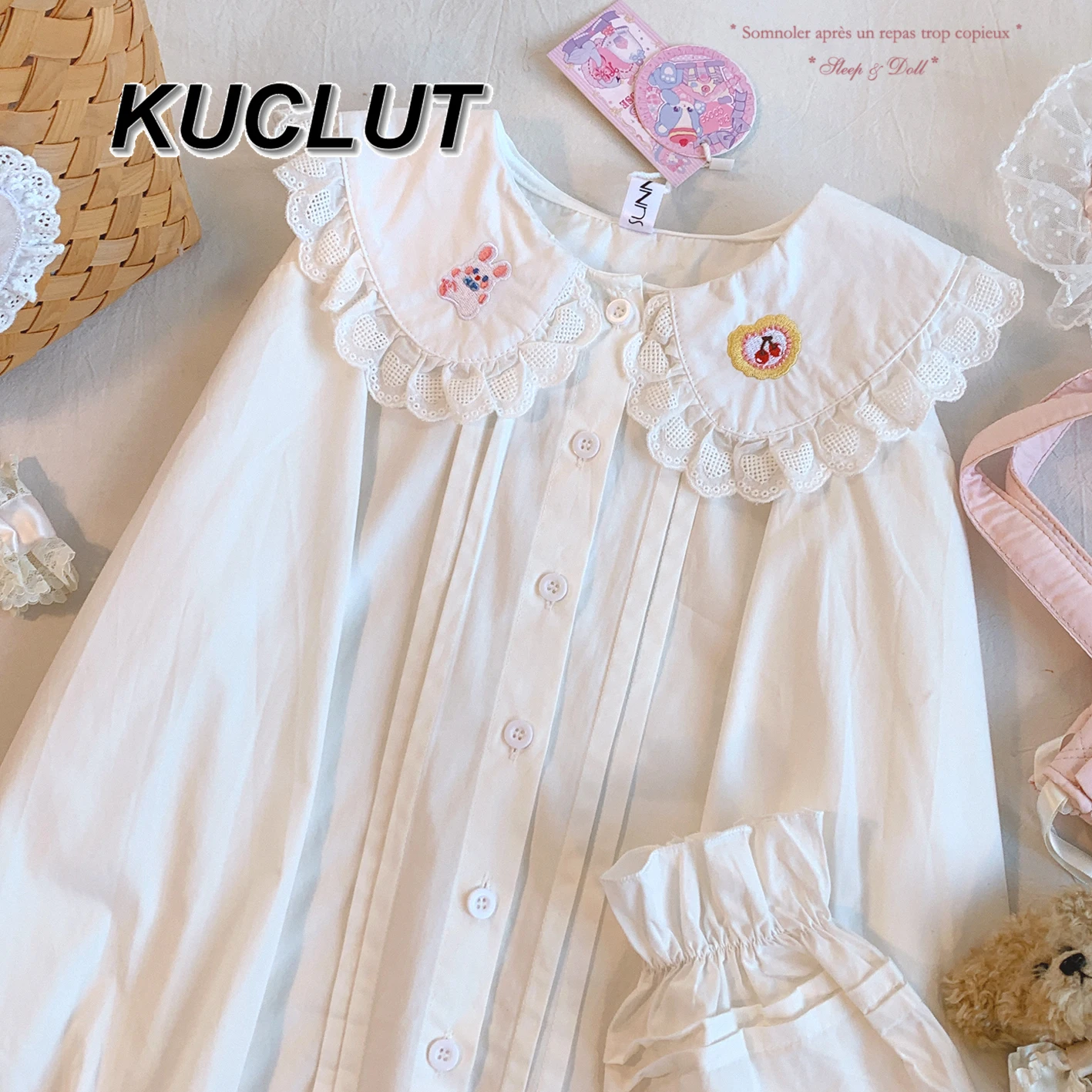 

Women's Long Sleeve Tops Spring Autumn Cute Embroidered Casual Elegant Blouses Femme Doll Collar Vintage Ruffle Inner Shirt