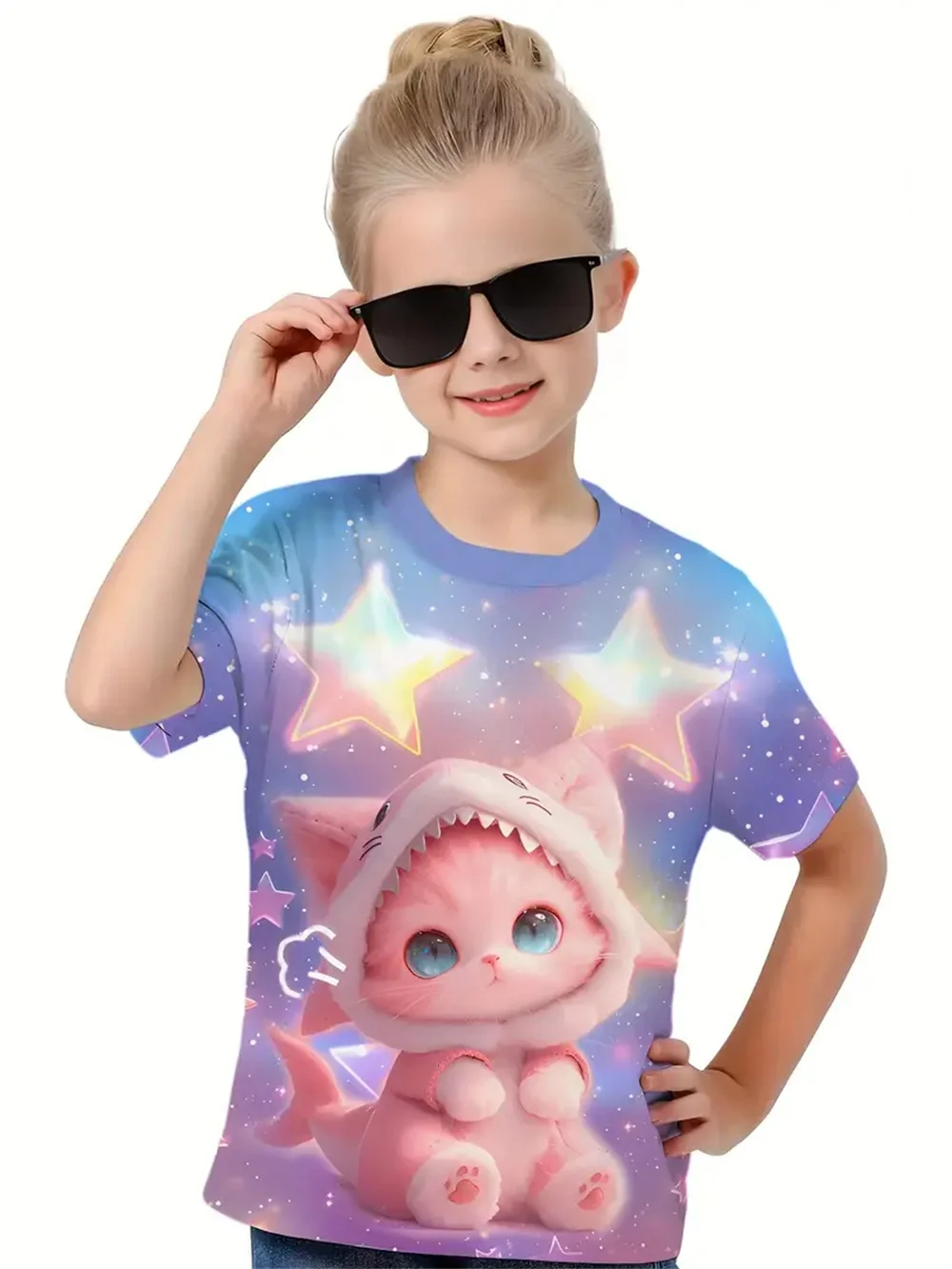 Cartoon Animals Cat 3d Print 2025 Girls' Clothing Fashion Casual T-Shirts Funny Girls' T-Shirts Summer Short Sleeved Top