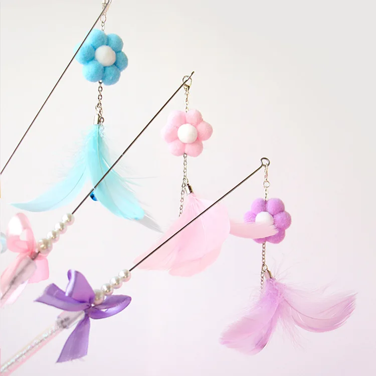 Macaron Flowers Feather Fairy Wand Teaser Cat Wand Interactive Cat Toys Funny Feather Teaser Stick Training Toys Cats Supplies