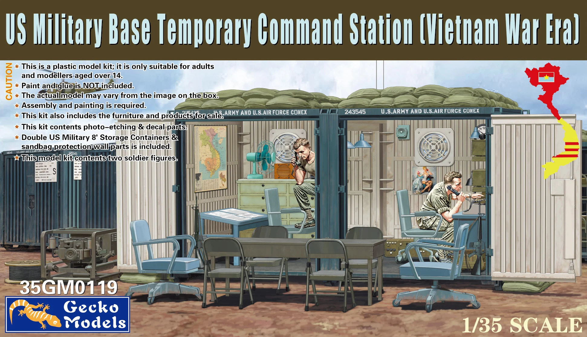 

Gecko model assembly Scale diy toys Model Kit 35GM0119 US Military Base Temporary Command Station (Vietnam War Era) 1/35