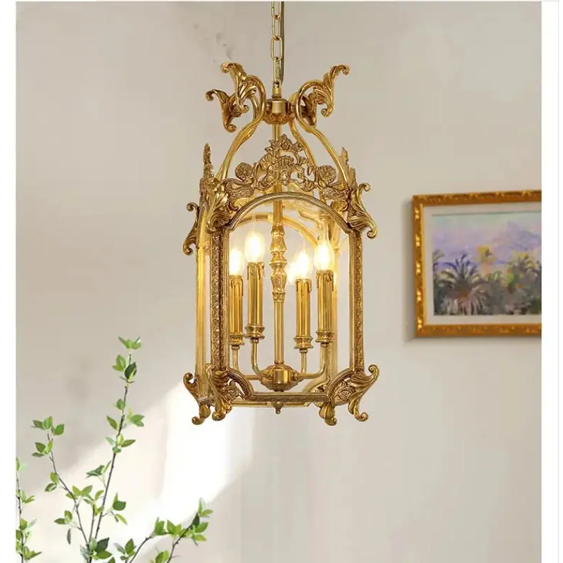 

Luxury Copper Glass Corridor Aisle Restaurant Bar Shop Cylinder Solder Birdcage Chandelier Lamp D30cm H62cm Candle Hanging Light