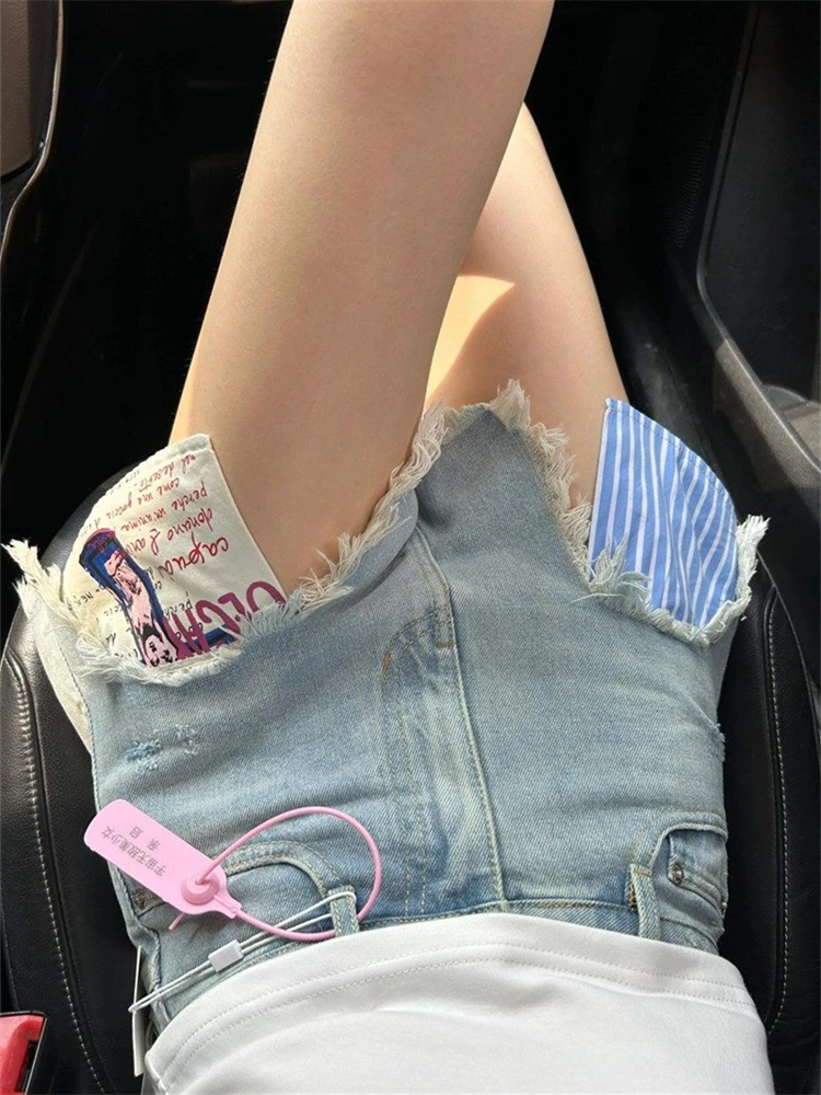 

Women's Asymmetric Design Raw Edge Denim Shorts Summer Young Girl High Waisted A-line Sexy Hot Pants Casual Female Mini Trousers