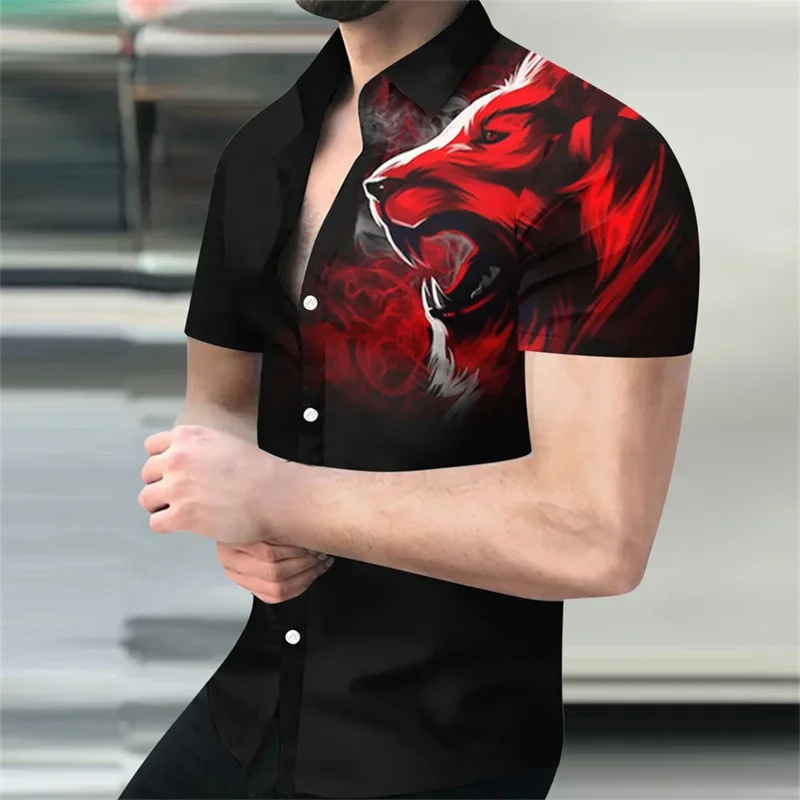 

Men's shirt pattern shirt animal lion collar 3D printed short sleeved button clothing fashion designer breathable
