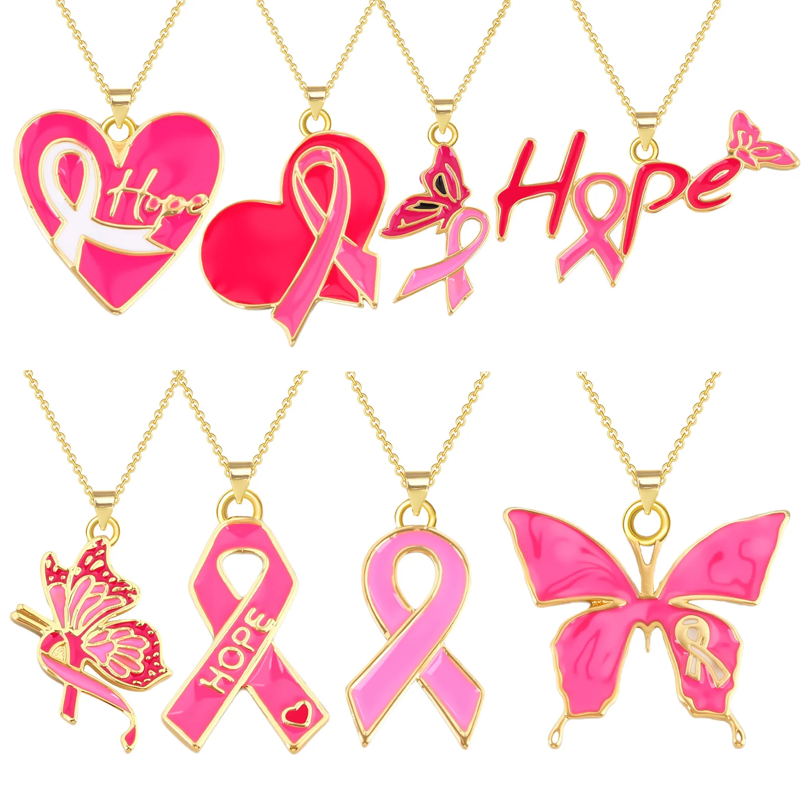 

10PCS Wholesale Pink Ribbon Necklace Charm Copper Turkish Handmade Pendant Women Men Bohemian Jewelry Gift Adjustable Chain