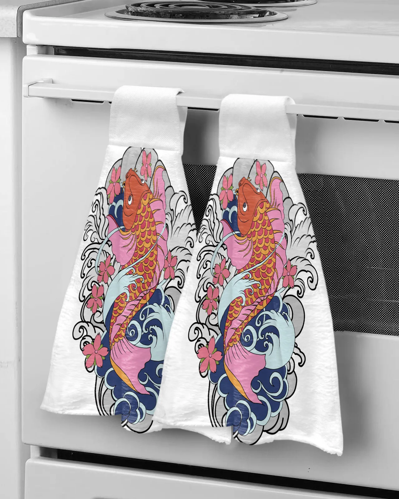 Koi Flowers Water Waves Lines Hand Towel Household Absorbent Kitchen Towel Lazy Rag Wipe Towel Microfiber Hand Towel