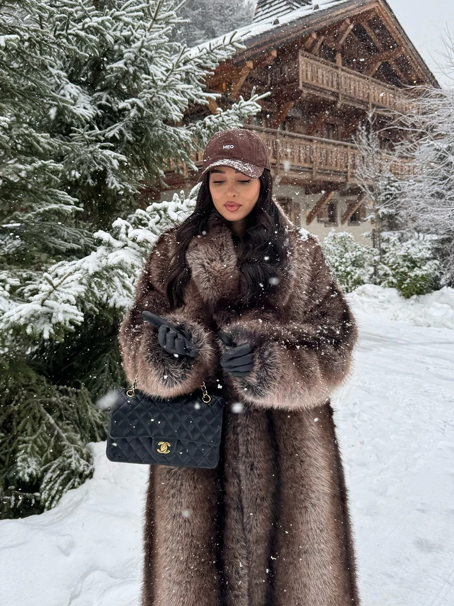 Abrigo largo Maxi de piel sintética de primera calidad con degradado de rayas marrones, abrigo Midi Vintage de lujo con cuello de solapa esponjoso, trajes Slay de estilo Pinterest