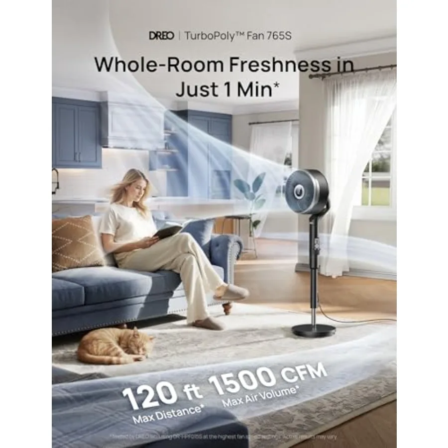 Bedroom smart fan with DC motor, black, 120ft airflow, ultra-quiet 20dB, 12 speeds, 6 modes, 150+100 oscillation, remote contro