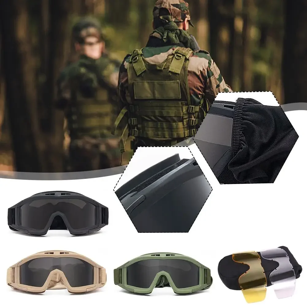 Tactical Goggles 3 Lens Windproof Dustproof Shooting Motocross Motorcycle Mountaineering Glasses Safe Protection CS Game Glasses