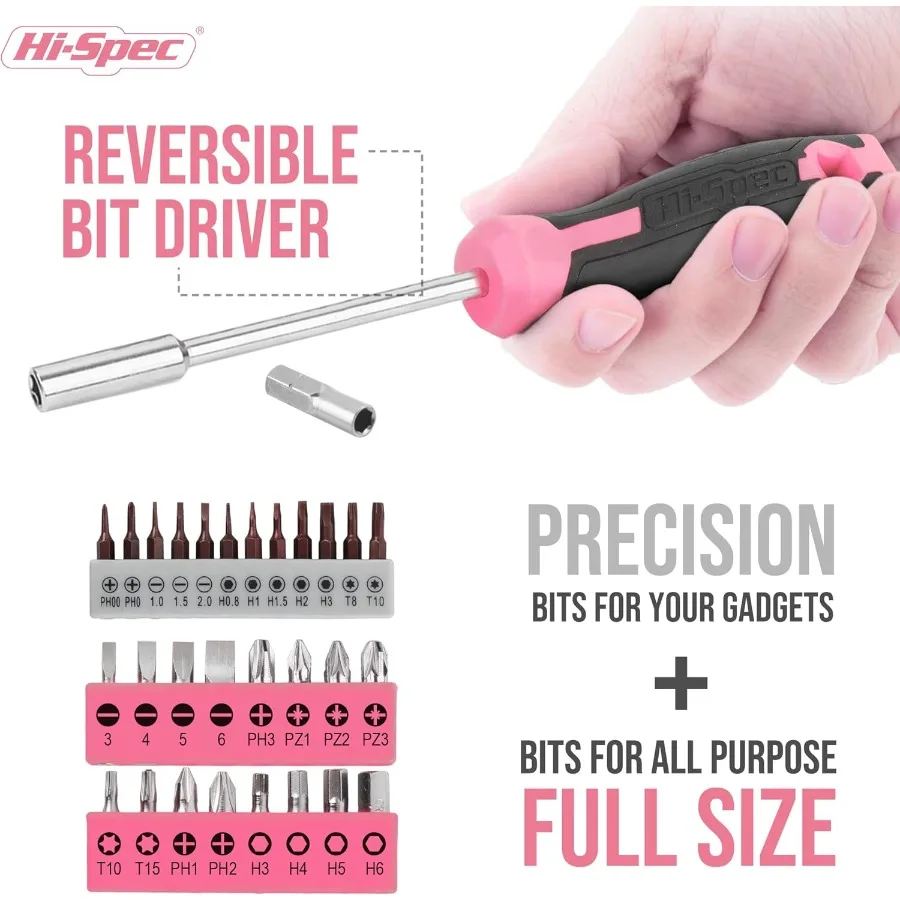 HiSpec 42pc Pink Household DIY Tool Set for Women: Essential Starter Toolkit for Home Office and College Dorm Use with Compact