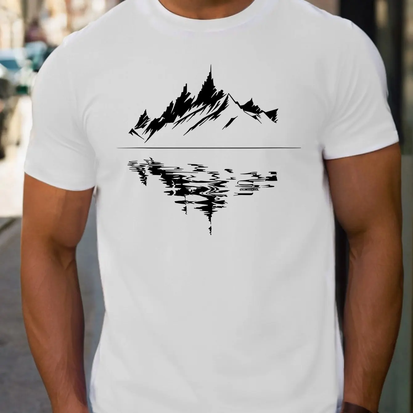 Men Crew Neck Short‑Sleeve T‑Shirt, Mountain Reflection Graphic Print,100% Cotton Loose‑Fit Plus‑Size Fashion Casual Summer Tops