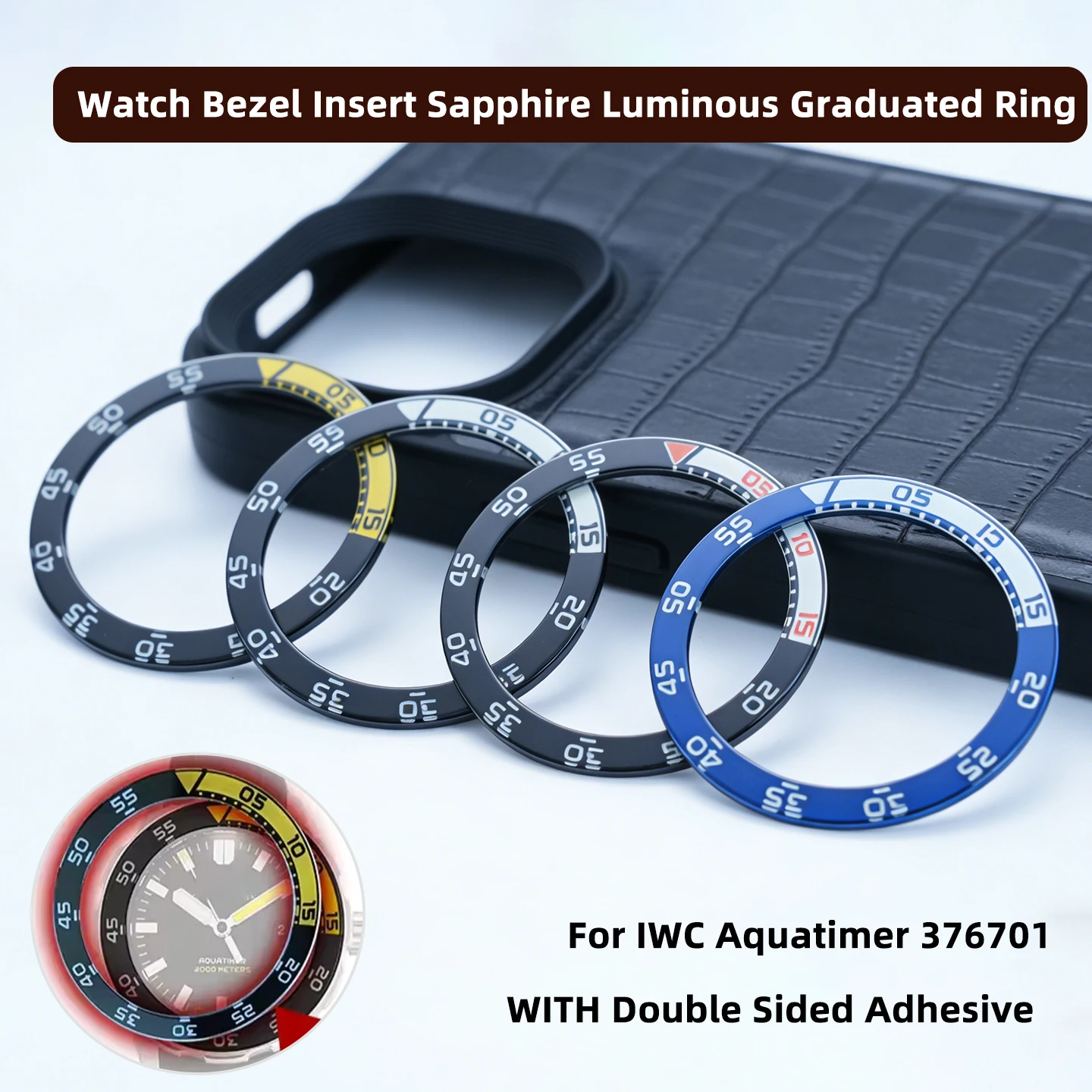 42*33.6MM Watch Bezel Insert Sapphire Luminous Graduated Ring For IWC Aquatimer 376701 series WITH Double Sided Adhesive