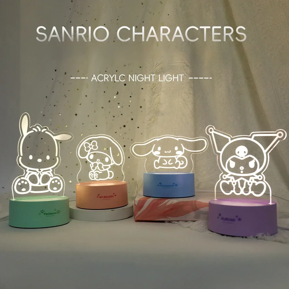 Sanrio Characters Acrylic Night Light Kawaii Melody Cinnamoroll Usb Creative Desktop Ornament Bedside Lamp Room Decor Kids Gift