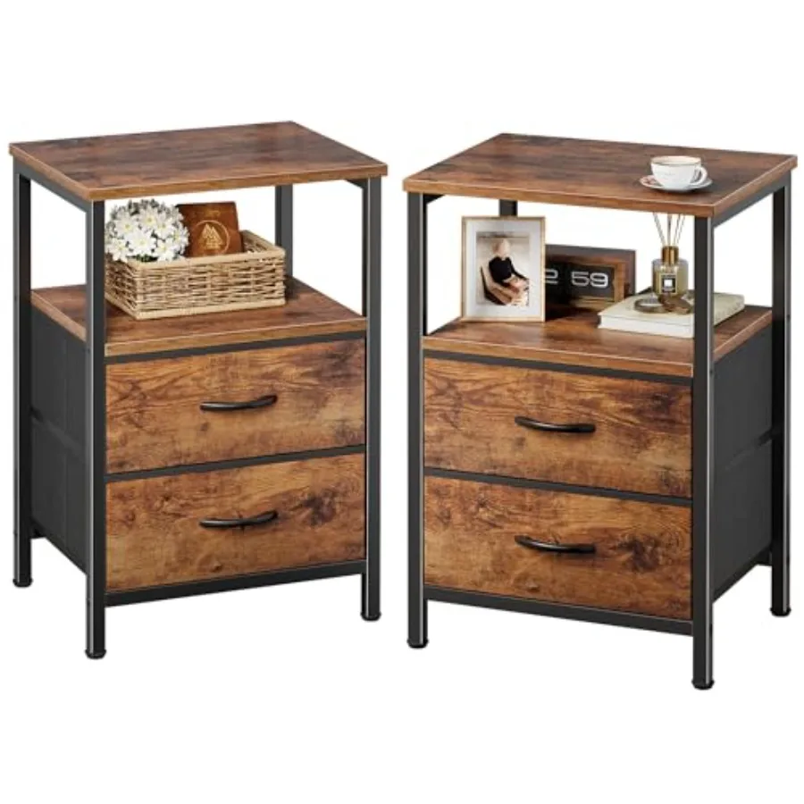 

Night Stand Set of 2 Nightstand with 2 Drawers Bed Side Table with Open Shelf Wooden Top End Table Fabric Drawer for Bedroom Ru