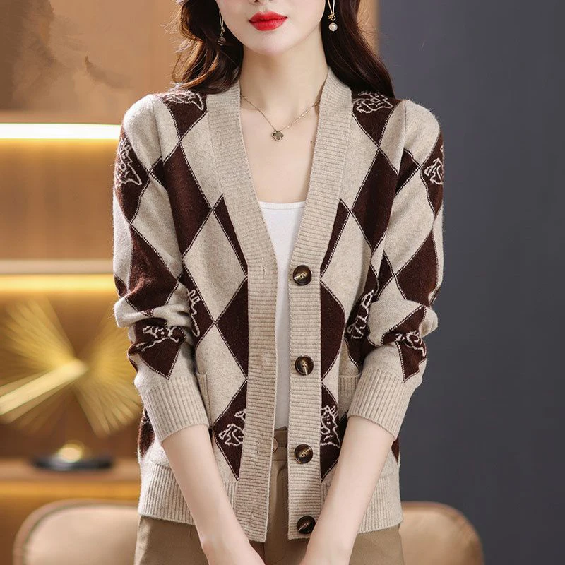 2023 donne Trendy Argyle maglione lavorato a maglia autunno inverno coreano Chic monopetto Cardigan scollo a V manica lunga sciolto top maglione