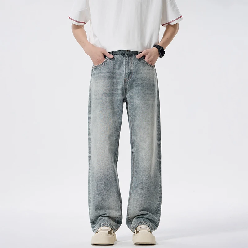 

Vintage Washed Clean Fit Men's Loose Straight Jeans Unique Back Pocket Detail Streetwear Denim Pants For Spring Autumn