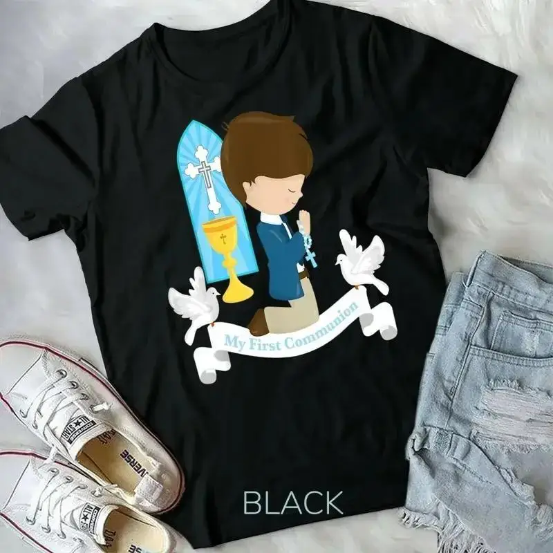 First Communion Shirt Gift Kids Brown Hair Boy Rosary Son Unisex Youth T shirt