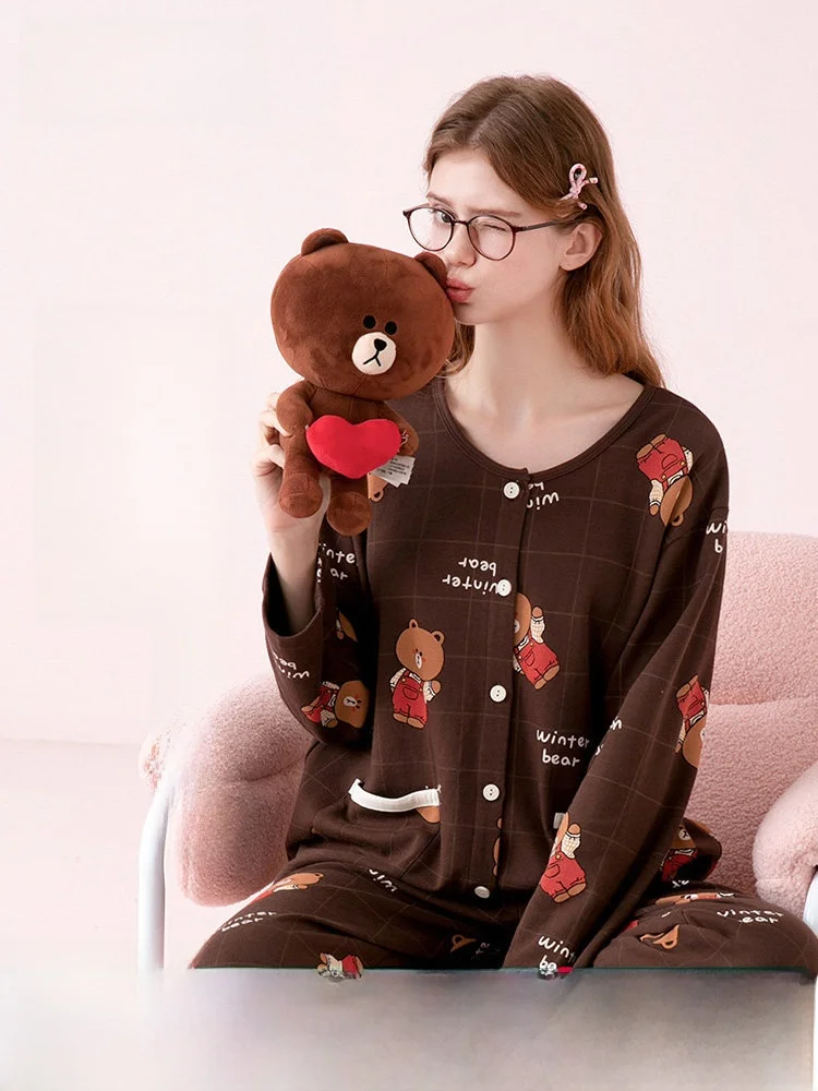 fenteng-women's-sleepwear-spring-2026-anti-static-long-sleeve-pure-cotton-open-cardigan-brown-bear-cute-loose-home-clothes