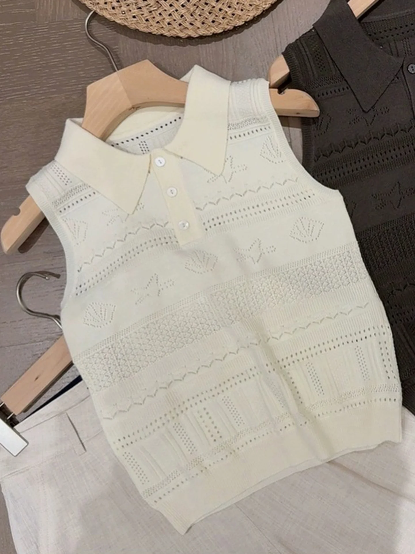 سترة بولو محبوكة بدون أكمام بتصميم عصري مفرغ، إصدار صيفي جديد بتصميم شبابي وأسلوب عملي، قصة مستقيمة، قطعة واحدة للارتداء اليومي #5