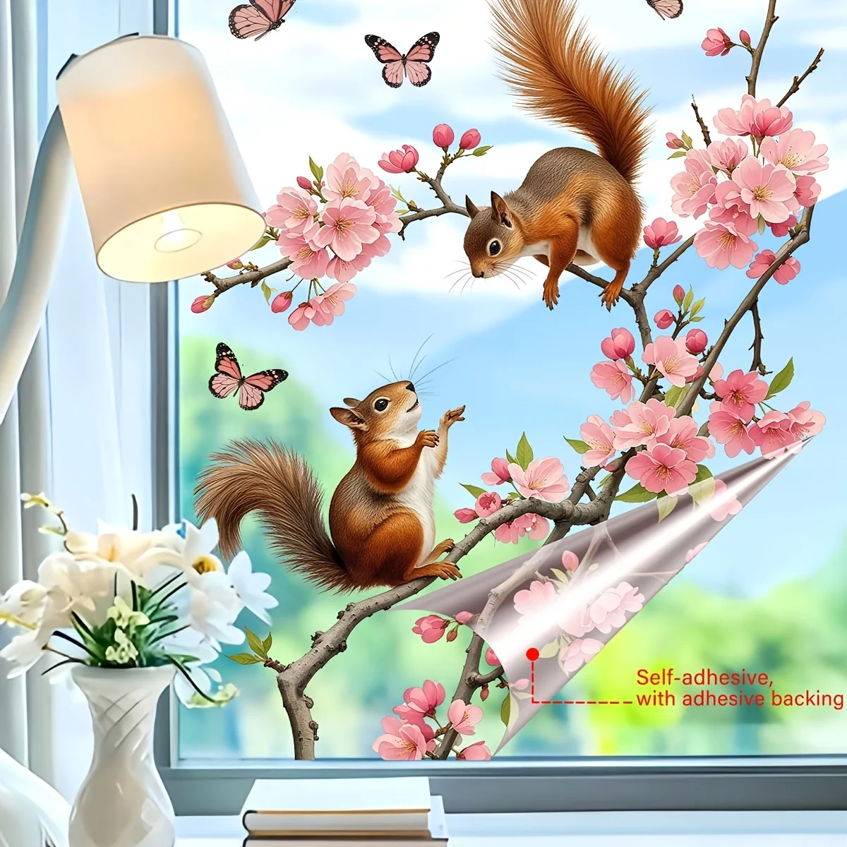 Eichhörnchen-Kirschblüten-Fensteraufkleber, statische, wiederverwendbare Sakura-Aufkleber, Tier- und Blumenmotiv-Aufkleber für die Fensterdekoration zu Hause