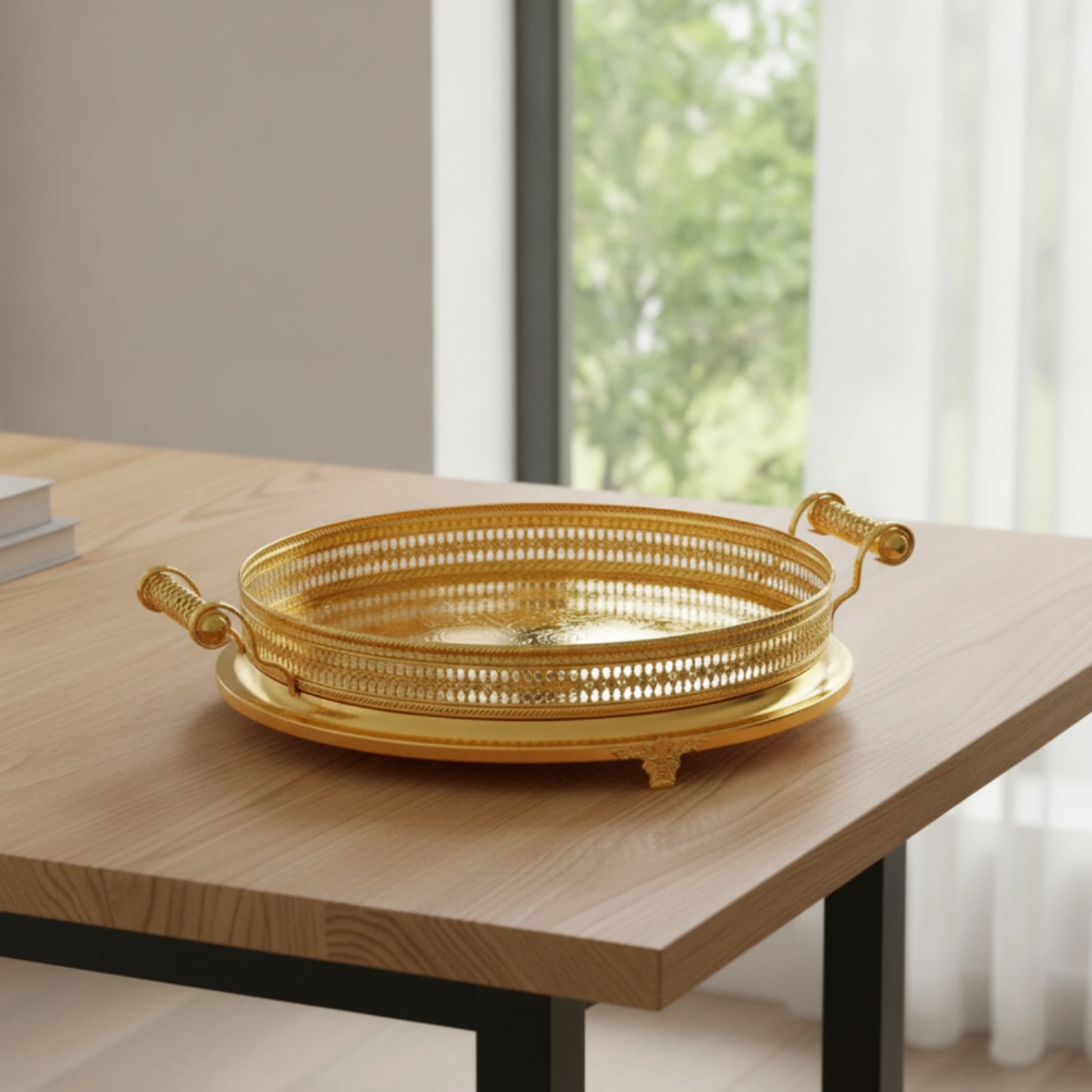 Decorative Metal Tray Pierced Metal Serving Tray Decorative Platter Footed Shallow for Home Decorators, Living Room, Tea Service