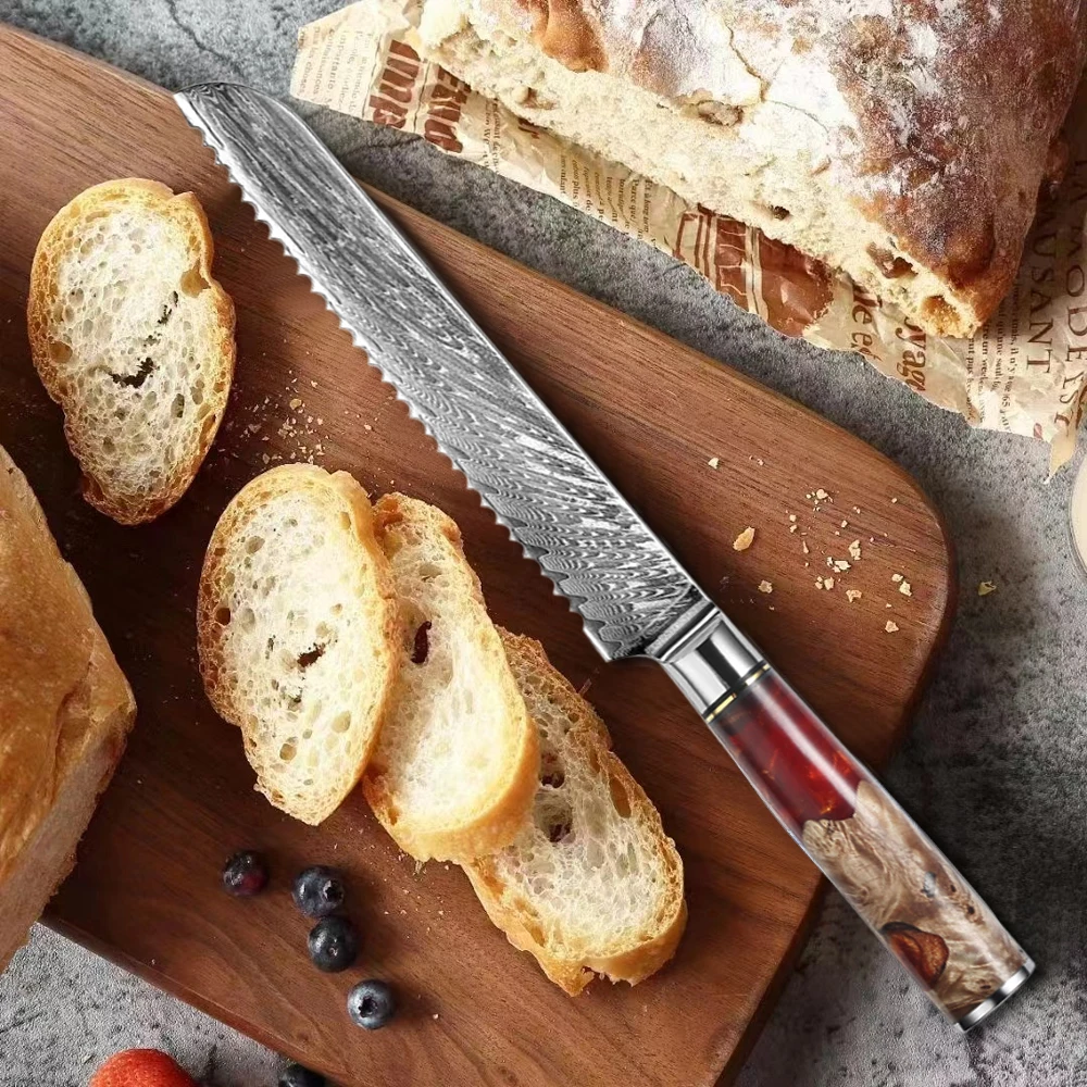 YAN 7.5 Inch Bread Knife Professional Japanese Damascus VG10 Steel Kitchen Knife Maple Burl Resin Handle Cooking Knife Gift Box
