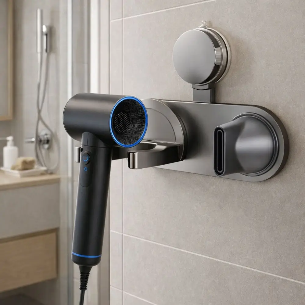 

Practical No Punching Suction Cup Hair Dryer Holder Wall Mounted Space Saving Hair Dryer Rack Reusable Cord Organizer Bathroom