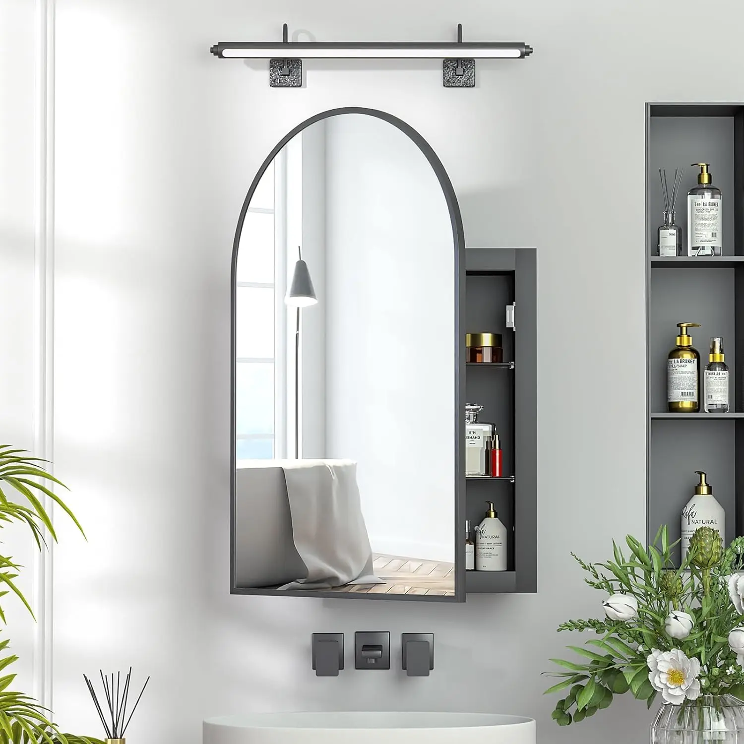 Arched Recessed Medicine Cabinet, Black Metal, 3 Shelves, Copper-Free Mirror, Wall & Recessed Mount, 20x30, Customized