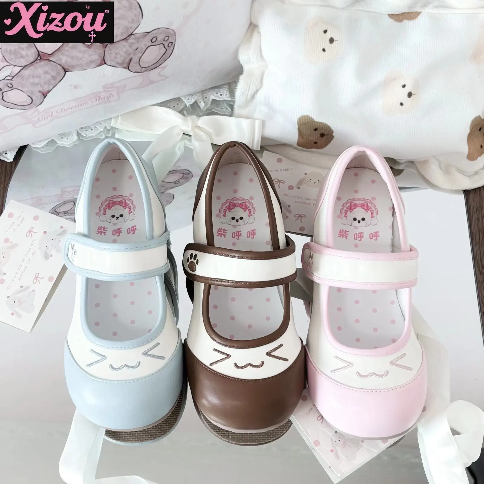 

Kawaii Japanese cartoon cat Lolita shoes soft girl round head low heels pink cute home comfortable flat shoes indoor for women