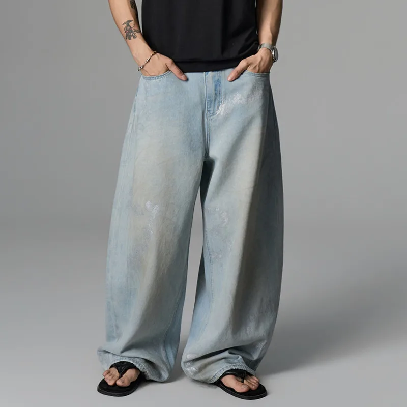 HKSH 2026 Spring Autumn New Men Tide Chic Ins Punk Original Handmade Denim Pants Trend Washed Painted High-Waisted Jeans HK25438