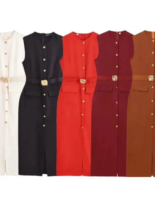 Damskie czarne sukienki z paskiem, długie sukienki, letnie sukienki damskie 2026, codzienne sukienki midi bez rękawów, sukienki zapinane na guziki, dopasowane sukienki 9COH