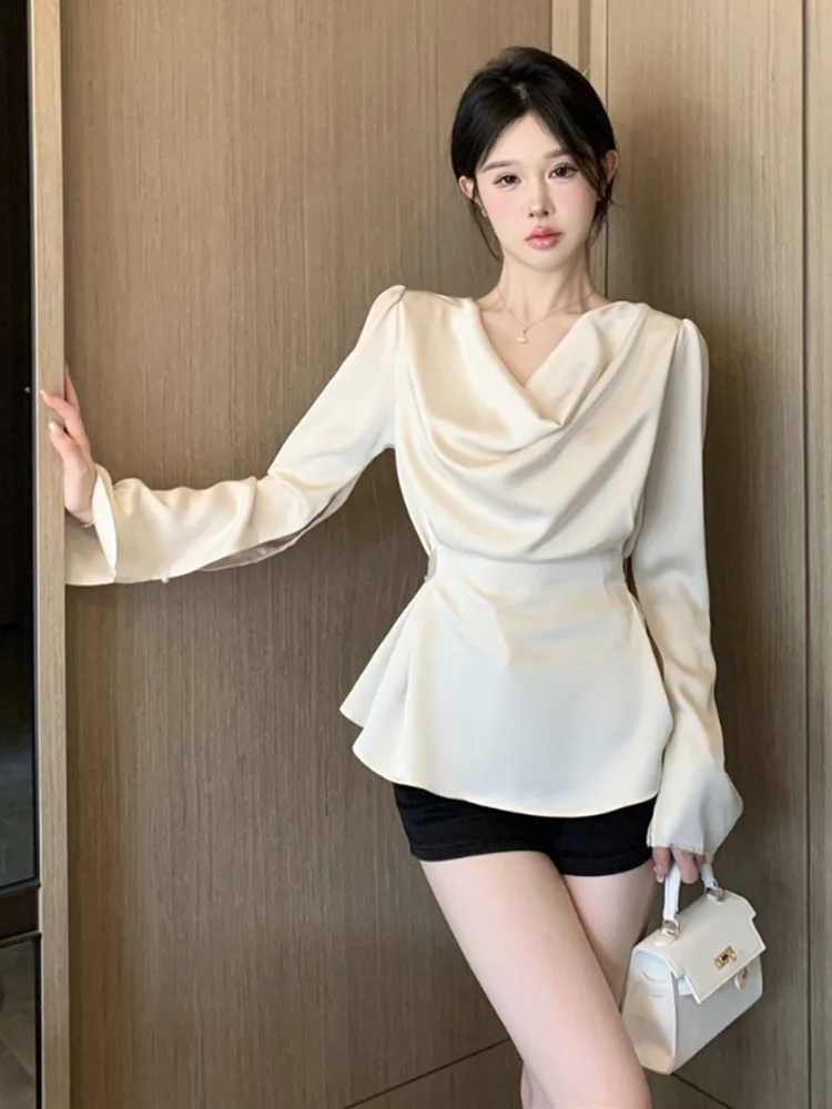 French Style Retro Solid Color Women Chiffon Shirt 2023 Fashion New Pleated Long Sleeve Blouses Female Slim Tie Up Clothes Chic